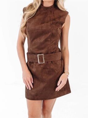 The Impeccable Pig Brown Suede-Look Belted Mini Dress